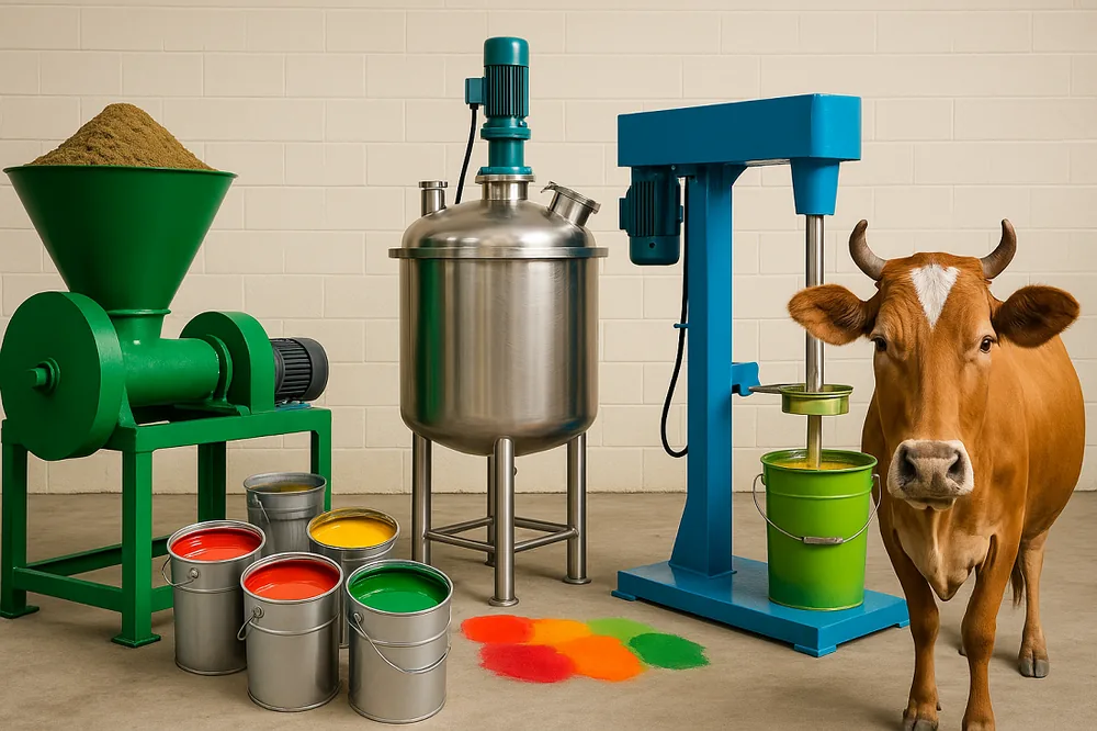 Cow dung paint manufacturing plant with mixing tank, disperser and raw material processing
